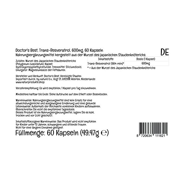 Doctors Best, High Potency Trans-Resveratrol, 600mg, 60 Capsules végétaliennes, Testé en Laboratoire, Sans Gluten, Sans Soja