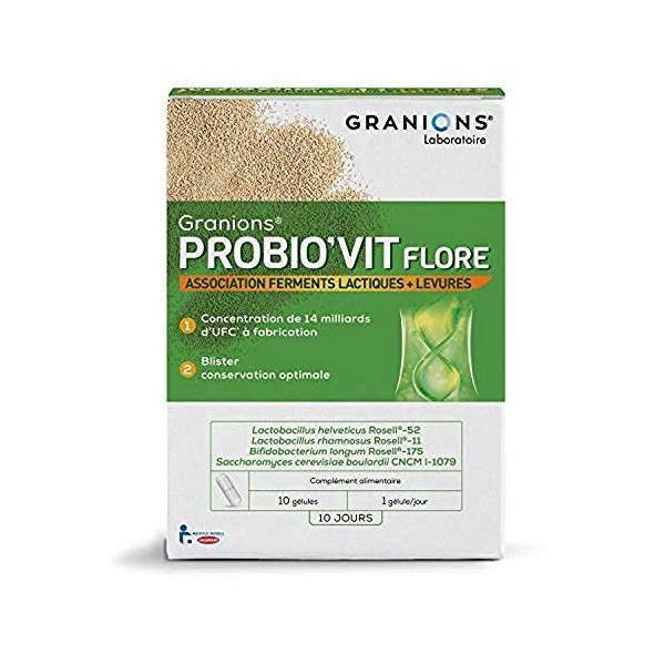 GRANIONS ProbioVit Flore - 30 Gélules - 30 Jours - Ferments Lactiques & Levures - 14 Milliards DUfc à Fabrication - Stabili B...