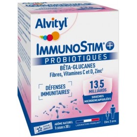 Alvityl - Immunostim + sachet, goût vanille - Probiotiques, Bêta-glucanes, Fibres, Vitamine C et D, Zinc - Dès 3 ans - 30 sti