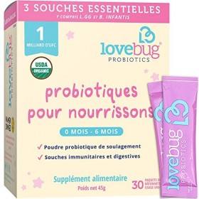 Lovebug Probiotics, Probiotiques pour nourrissons de 0 à 6 mois, 30 sachets 1 milliard dUFC sans allergènes, sans OGM, végét