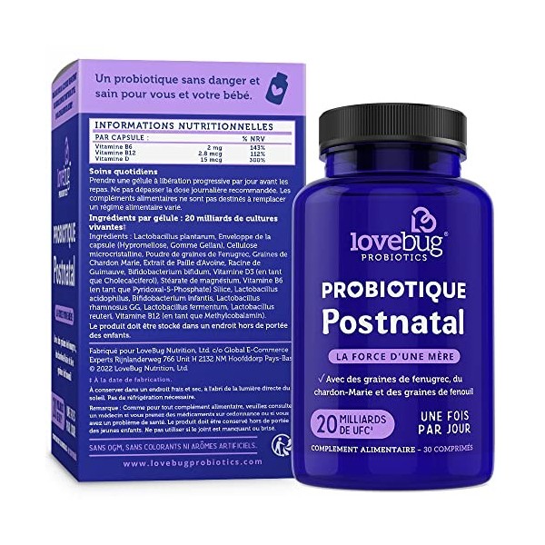 Lovebug Probiotics | Probiotique postnatal | Ingrédients cliniquement étudiés pour production de lait maternel et reflux acid
