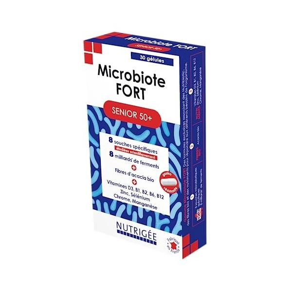 MICROBIOTE FORT SÉNIOR 50+ • Nourrir la Flore • Répond aux besoins spécifiques des plus de 50 ans • PROBIOTIQUES + PRÉBIOTIQU