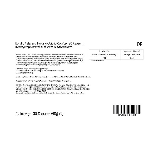 Nordic Naturals, Nordic Flora Probio Comfort, avec de Bonnes Cultures de Bactéries, 30 Capsules, Testé en Laboratoire, Sans G