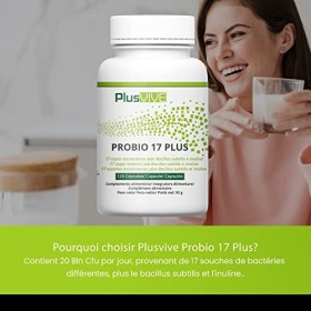 Plusvive - Lot de 180&nbsp;capsules de 17&nbsp;souches de probiotiques, enrichies en Bacillus subtilis et inuline