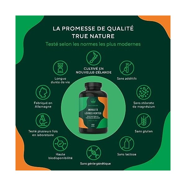 Moule Verte de Nouvelle Zélande - 450 gélules 500mg - 2000mg par jour - green lipped mussel - Moule aux orles verts - Testé