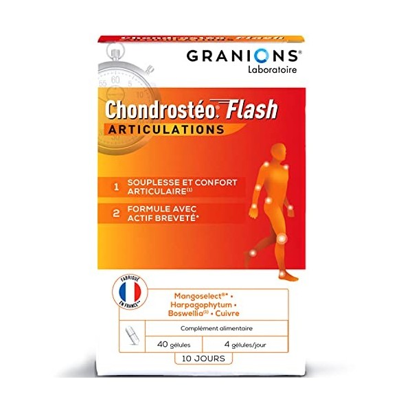 GRANIONS Chondrostéo+ Flash Articulations - 40 Gélules - 10 Jours - Mangoselect Garcinia Mangostana , Boswellia, Harpagophyt