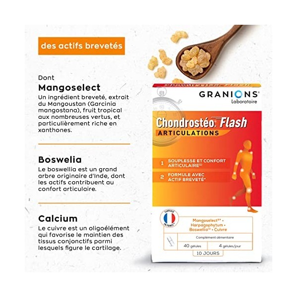 GRANIONS Chondrostéo+ Flash Articulations - 40 Gélules - 10 Jours - Mangoselect Garcinia Mangostana , Boswellia, Harpagophyt