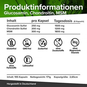 Pack économique glucosamine, chondroïtine, MSM et acide hyaluronique fortement dosés en un paquet mois, 285 gélules