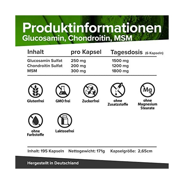 Pack économique glucosamine, chondroïtine, MSM et acide hyaluronique fortement dosés en un paquet mois, 285 gélules