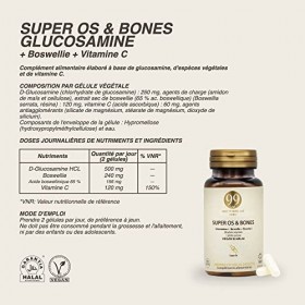 99 LAB PARIS - Super Os & Bones Glucosamine - Complément Alimentaire Halal et Vegan - Boswellia + Vitamine C - Flacon de 60 G