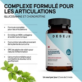 DESEJR Complexe de Glucosamine et Chondroïtine Cure De 3 Mois , Soutien des Articulations et des Os, Extraits Naturels de Cu