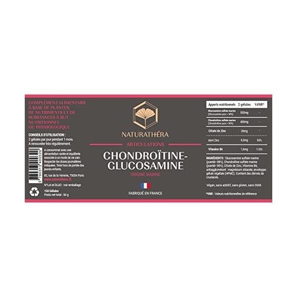 Naturathéra CHONDROÏTINE GLUCOSAMINE MARIN - Complément Alimentaire Arthrose, Rhumatismes & Douleurs Articulaires - Pureté Ga