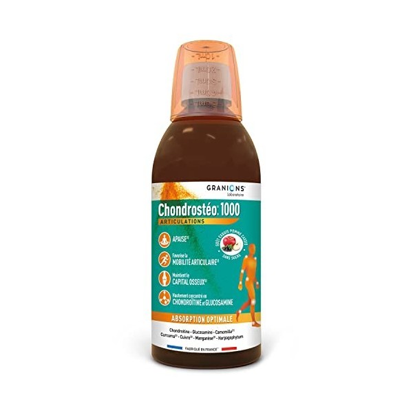 Granions Chondrostéo + 1000 Articulations LIQUIDE - 500ml - Glucosamine, Chondroïtine Curcuma, Cuivre Harpagophytum Manganèse