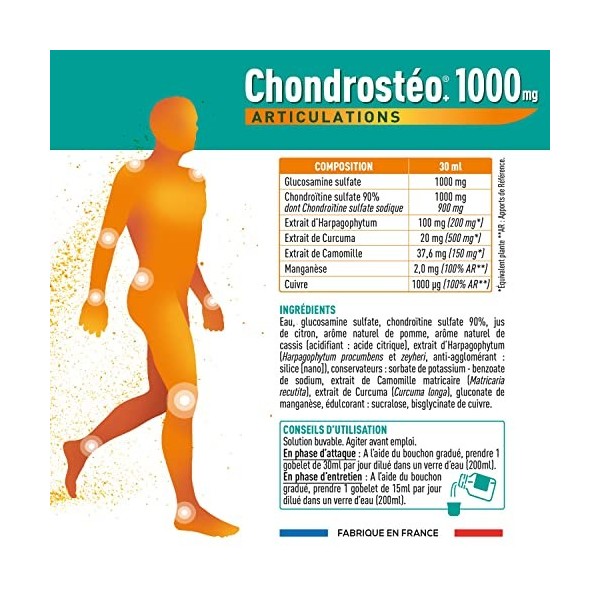 Granions Chondrostéo + 1000 Articulations LIQUIDE - 500ml - Glucosamine, Chondroïtine Curcuma, Cuivre Harpagophytum Manganèse