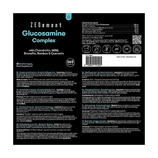 Glucosamine avec Chondroïtine, MSM, Boswellia, Bambou et Quercétine | 365 Gélules | Contre Douleurs Articulaires | Non-GMO, G