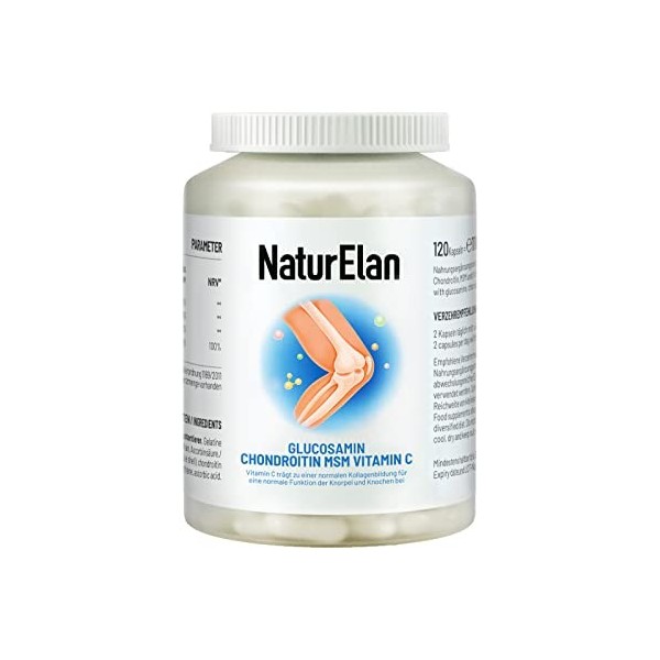 NaturElan Glucosamine Chondroitine MSM Gélules - 120 Gélules, Articulations, 500mg Glucosamine par Gélule, No additives, Fabr
