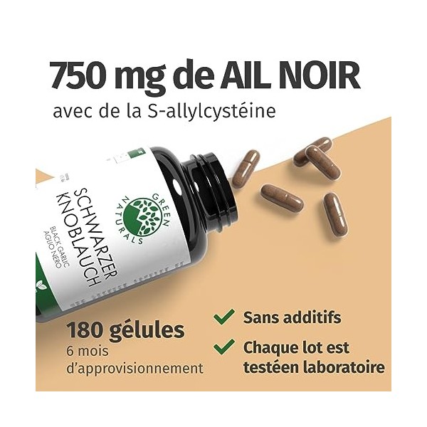 GREEN NATURALS Ail noir 180 Gélules de 600 mg - 9000 mg : La Dose la plus Élevée - 100% végétalien et sans additifs