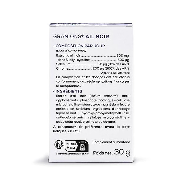 Ail Noir fermenté GRANIONS | Complement Alimentaire cholestérol | Riche en Ail noir fermenté 500 mg avec Selenium + Chrome | 