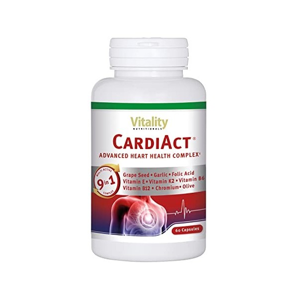 Cardiact Gélules, Extrait de Pépins de Raisin, Ail Noir, Vitamine B12 et B6. Santé Coeur, Cardio-Vasculaire, Comprimés Vegan.