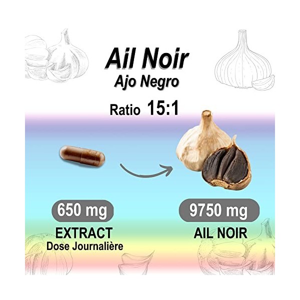 Ail Noir 9750 mg - Extrait 15:1-120 gélules - 4 mois - Fermenté - Inodore - Circulation sanguine - Antioxydant Naturel - Haut