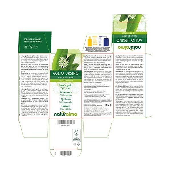 Ail des ours ou Ail sauvage Allium ursinum feuilles et bulbes Naturalma | 150 g | 300 comprimés de 500 mg | Complément alim