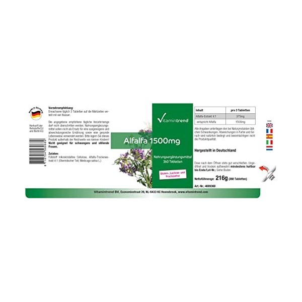 Alfalfa 1500mg – Luzerne - 360 comprimés - ! POUR 4 MOIS ! – Végan - Flacon avantageux