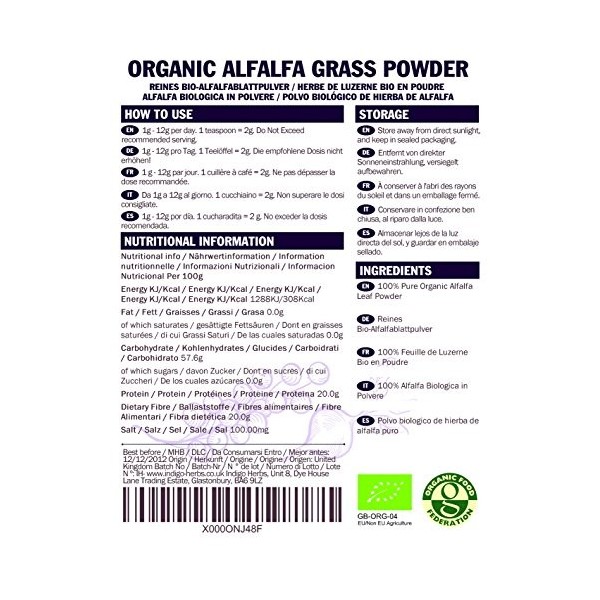 Indigo Herbs Luzerne Alfalfa Bio en poudre 250g