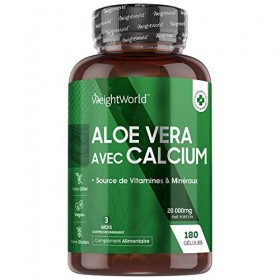 Aloe Vera Extra Fort 20000mg + Calcium – 180 Gélules Vegan - 3 Mois dApprovisionnement - Complément Alimentaire, Source Natu