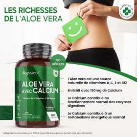 Aloe Vera Extra Fort 20000mg + Calcium – 180 Gélules Vegan - 3 Mois dApprovisionnement - Complément Alimentaire, Source Natu