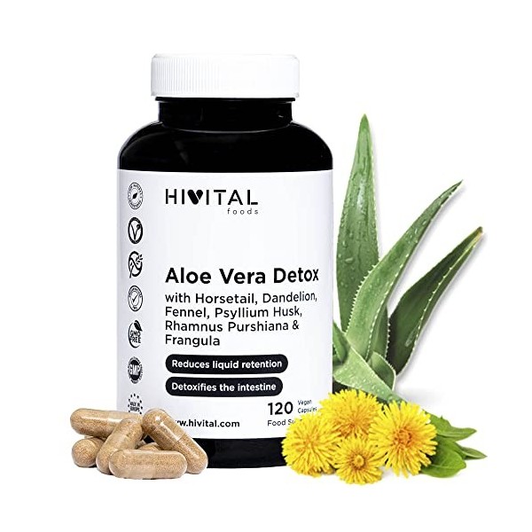 Aloe Vera Detox. 120 gélules végétaliennes pour 4 mois. Avec Cascara Sagrada, Bourdaine, Prêle des Champs, Pissenlit, Fenouil