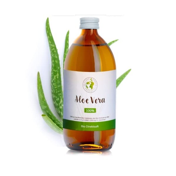 Mother Earth Products Jus d’Aloe Vera 100% BIO | pelé à la main, de l’intérieur de la feuille| Riche en ingrédients naturels 