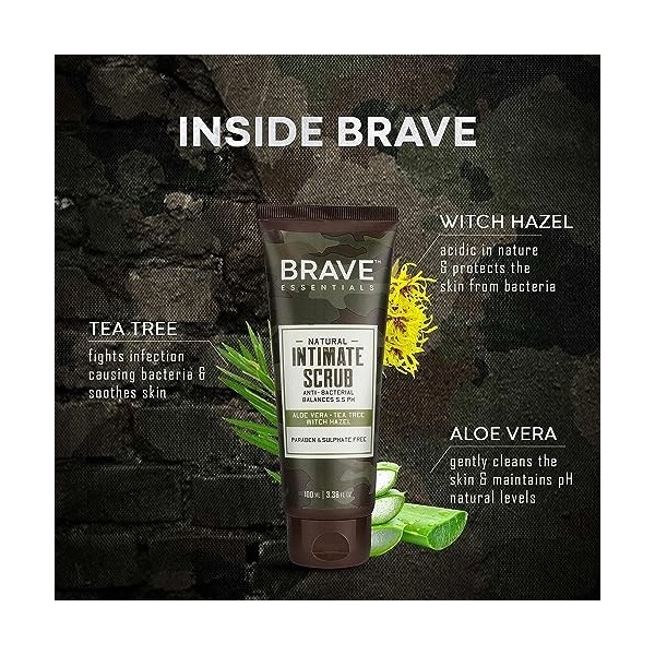 Brave Essentials Men Intimate Scrub équilibre le pH de 5,5, apaise la peau et soulage les démangeaisons avec de lhuile darb