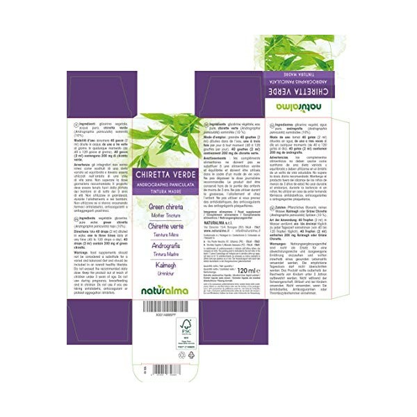 Chirette verte Andrographis paniculata sommités Teinture Mère sans alcool Naturalma | Extrait liquide gouttes 120 ml | Comp