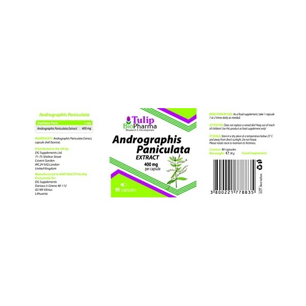 Andrographis Paniculata 400mg 90 Capsules, Testé par un Laboratoire tiers, supplément très puissant, sans gluten ni OGM