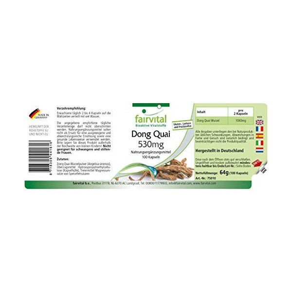 Fairvital | Dong Quai 530 mg - 50 jours - VEGAN - Fortement dosé - 100 caps - Angelica sinensis