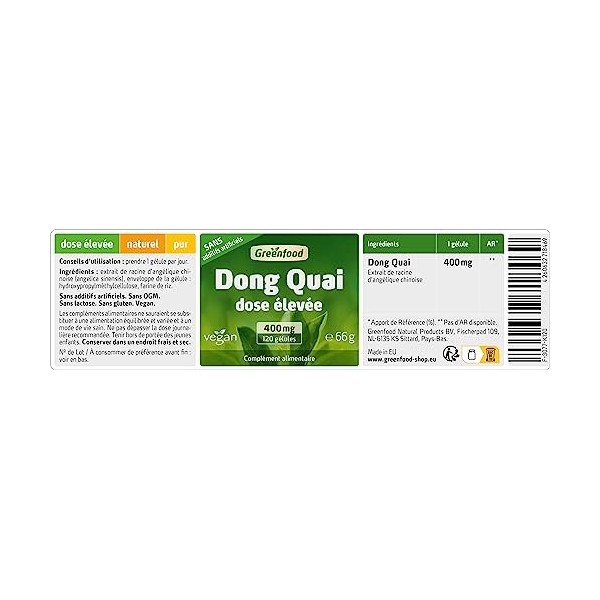 Greenfood Dong Quai, 400 mg, extrait à dose élevée 10:1 , 120 gélules - SANS additifs artificiels, sans génie génétique. Veg