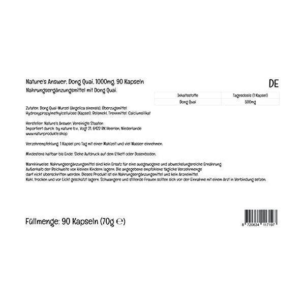 Natures Answer, Dong Quai, 500mg, 90 Capsules végétaliennes, Testé en Laboratoire, Sans Gluten, Sans Soja, Végétarien, Sans 