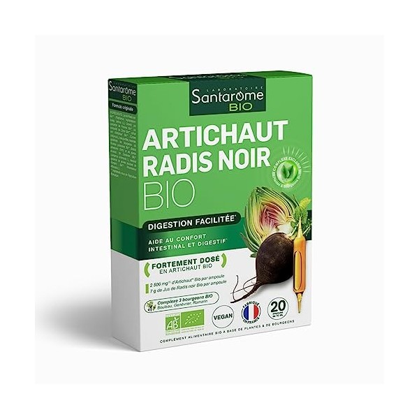 Santarome Bio - Artichaut Bio Radis Noir Bio - Complément alimentaire foie et digestion - Digestion facilitée - Fortement dos