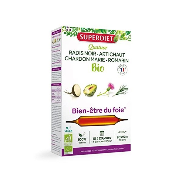 SUPERDIET - QUATUOR CHARDON MARIE DIGESTION BIO Radis noir, Artichaut, Chardon Marie, Romarin - 20 ampoules de 15ml