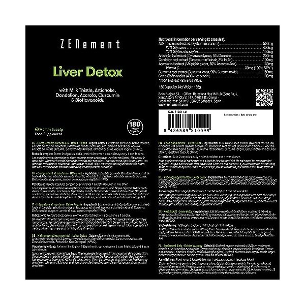 Détox Foie, avec Chardon Marie, Artichaut, Pissenlit, Acérola, Curcuma et Bioflavonoïdes, 180 Gélules | Purifiant, antioxydan