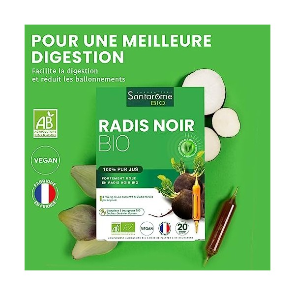 Santarome Bio - Radis Noir Bio | Complément Alimentaire Foie et Digestion | Ballonnements, Digestion Difficile - Plantes Bio 