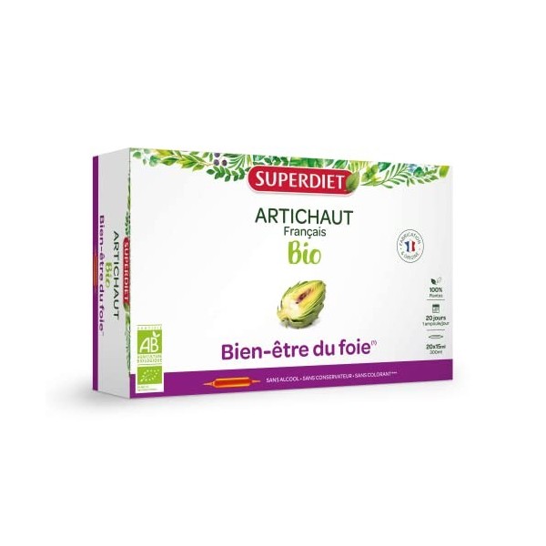 SuperDiet Artichaut Bien être du foie 20 ampoules de 15ml soit 300ml Produit certifié bio 