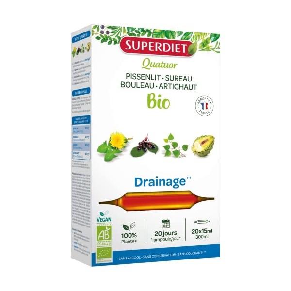 SUPERDIET - QUATUOR DRAINAGE BIO - Pissenlit, Sureau, Bouleau, Artichaut -Fabrication française - 20 ampoules de 15ml