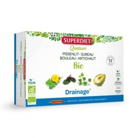 SUPERDIET - QUATUOR DRAINAGE BIO - Pissenlit, Sureau, Bouleau, Artichaut -Fabrication française - 20 ampoules de 15ml