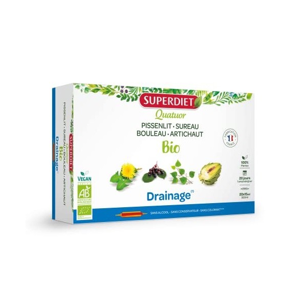 SUPERDIET - QUATUOR DRAINAGE BIO - Pissenlit, Sureau, Bouleau, Artichaut -Fabrication française - 20 ampoules de 15ml