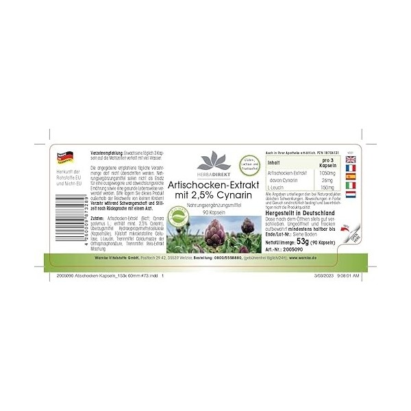Extrait dArtichauts 350 mg - Végétarien - Jus d´artichaut en poudre avec 2,5% cynarine - 90 capsules | HERBADIREKT by Warnke