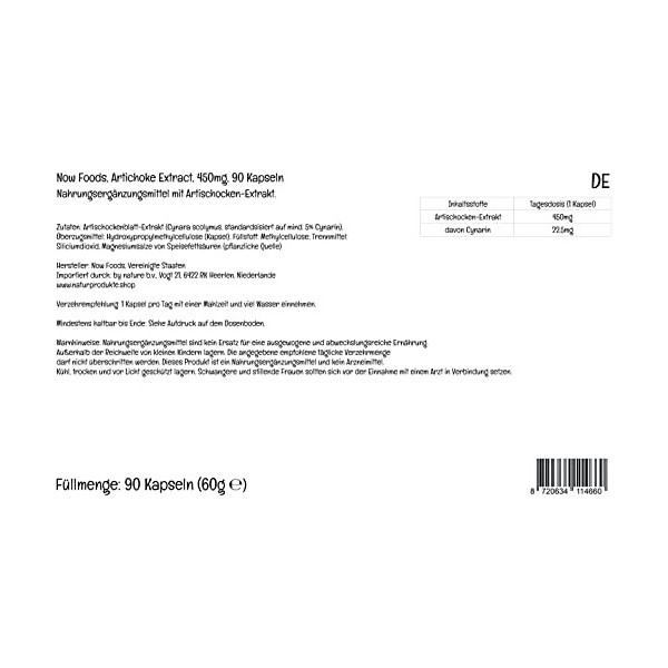 Now Foods, Artichoke Extract Extrait dArtichaut , 450mg, Standardisé en Cynarine, 90 Capsules végétaliennes, Testé en Labor
