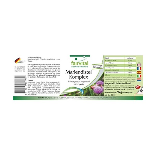 Fairvital | Complexe de Chardon-Marie - 120 gélules avec artichaut + pissenlit - principes amers - 100% végétalien