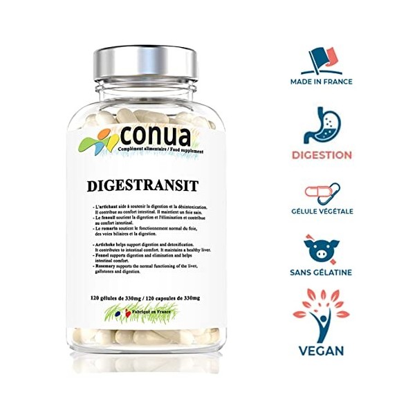 Digestion transit Conua Digestion Difficile 100% VÉGÉTARIEN & VEGAN Detox foie et colon : Fenouil Romarin Artichaut Radis noi