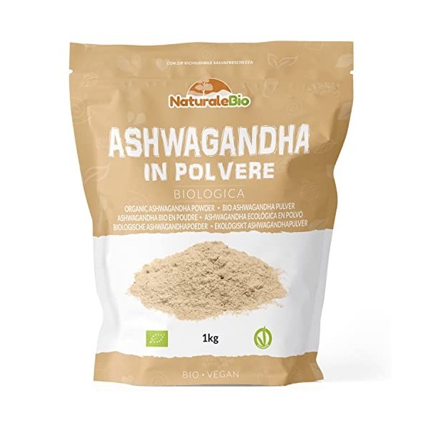 Ashwagandha Biologica in Polvere 1kg. Naturale e Pura, Prodotto in India dalla Radice di Withania somnifera Bio. NaturaleBio
